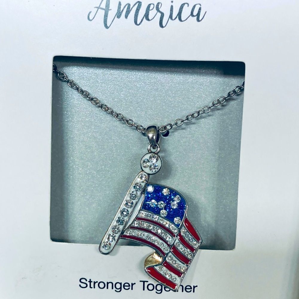 American Flag Silver Crystal Patriotic Pendant Necklace